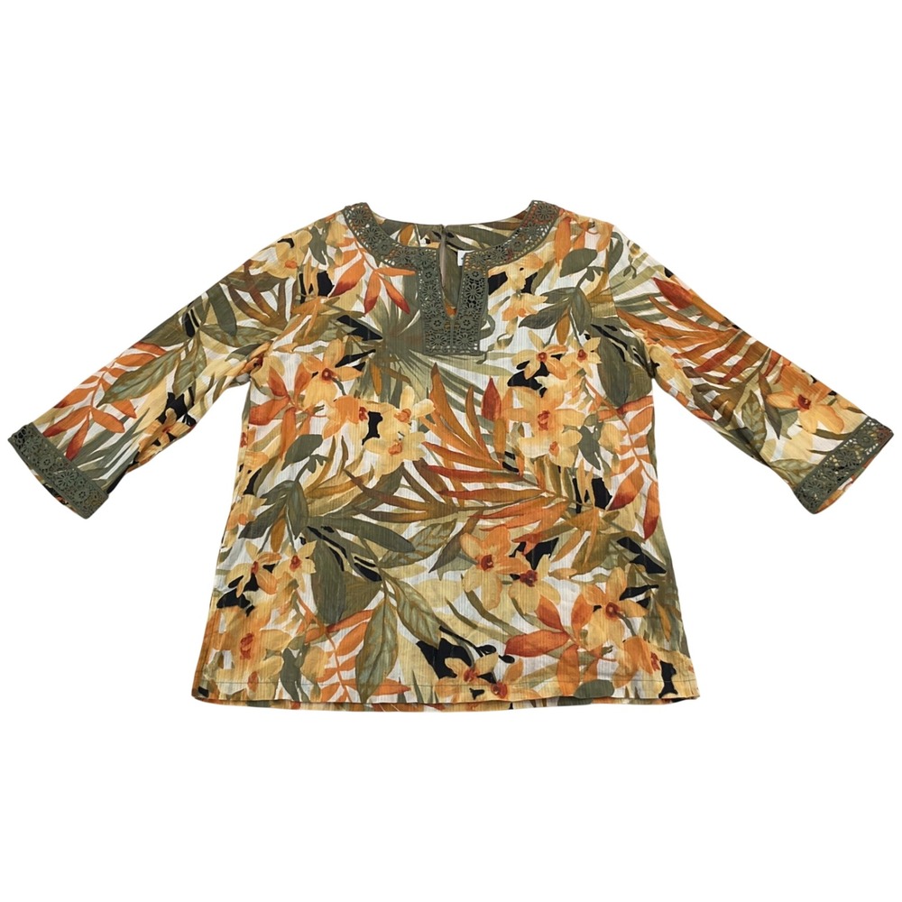 Vintage Alfred Dunner Blouse 12 Cotton Tropical Floral Crochet Lace Boho Tunic